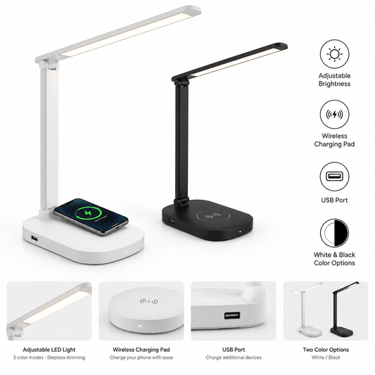 Smart LED desk lamp with wireless charging pad in white and black