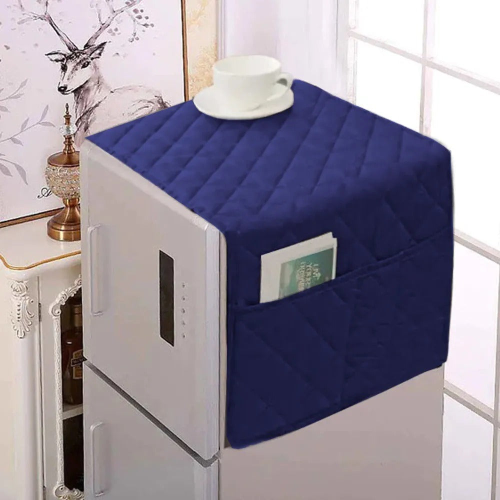Navy blue quilted fridge top cover with side pocket on refrigerator