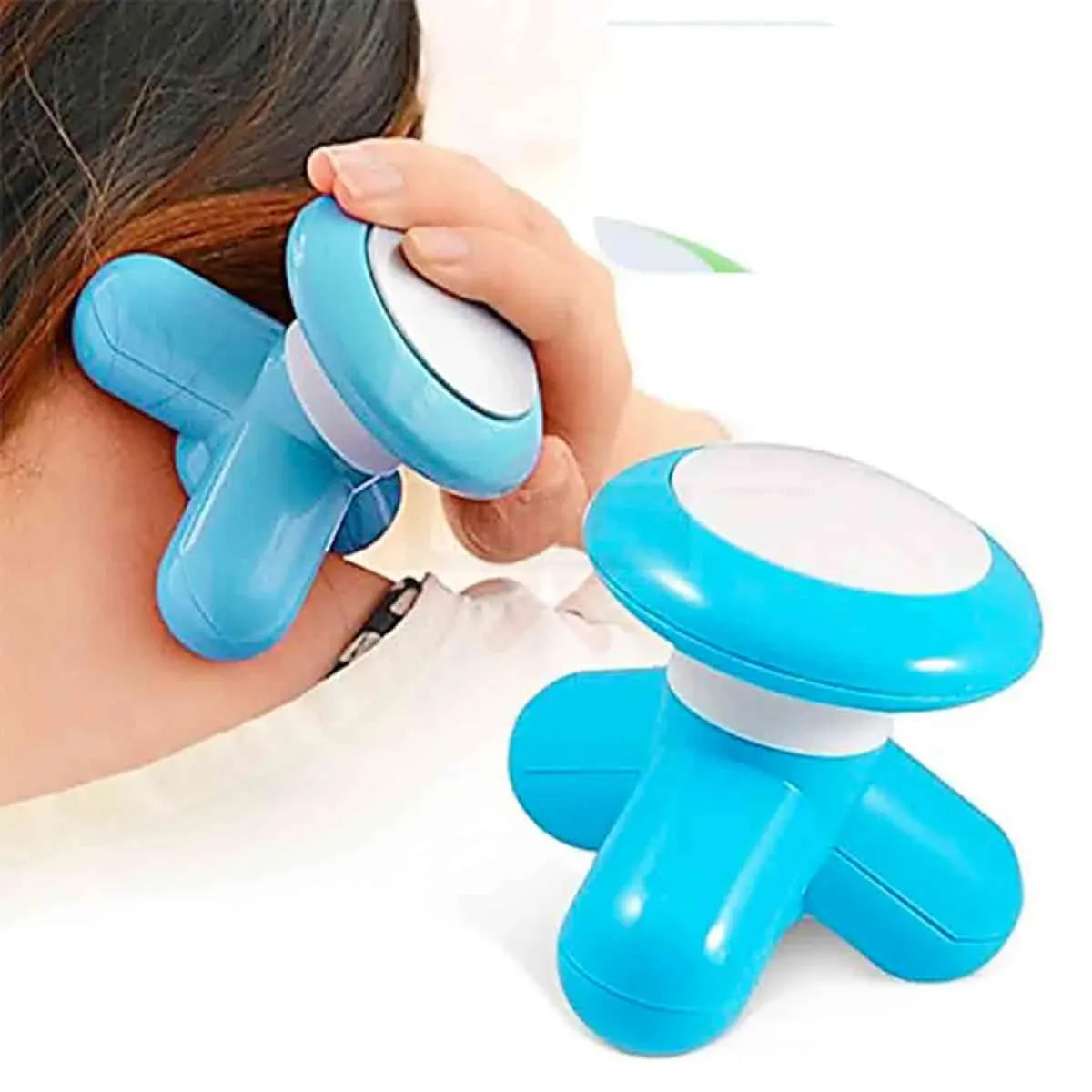 Blue mini massager being used on neck