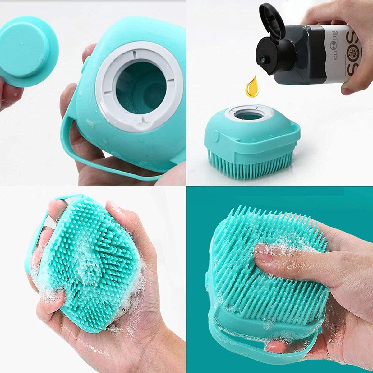 Silicone bath brush dimensions 8cm x 6cm with features labeled