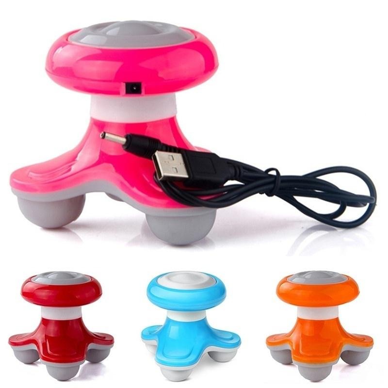 Mini handheld electric massager in pink with USB cable and color variants