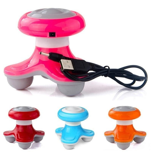 Mini handheld electric massager in pink with USB cable and color variants