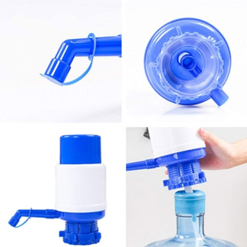 Manual water pump dispenser close-up views and installation on water bottle